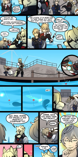 dialogue fishing male male/male tail tail_motion tailwag trashbadger mihoyo zenless_zone_zero alexandrina_sebastiane von_lycaon wise_(zenless_zone_zero) canid canine canis human mammal thiren wolf 1:3 absurd_res comic hi_res