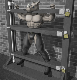 abs anthro arms_tied bdsm belt biceps bondage boots bound chaps clothing footwear front_view fully_bound horn immobilization jockstrap leather legs_tied lock male muscular muscular_anthro muscular_male muscular_sub neck_tied nipples padlock pecs restraints shoes solo stocks submissive submissive_male torso_tied underwear krayne mammal rhinoceros 2010