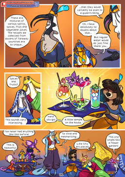alcohol ambiguous_gender anthro beverage big_breasts black_nose blue_body blue_scales breasts brown_body brown_fur brown_hair clothed clothed_anthro clothed_female clothed_male clothing cocktail dialogue dress drinking feathers female fur group hair headgear headwear hood jewelry male multicolored_body multicolored_scales pendant purple_body purple_scales religious_clothing religious_headwear scales sitting speech_bubble standing text topwear turban two_tone_body two_tone_scales vest white_body white_feathers yellow_body yellow_scales zummeng amber_(zummeng) lavender_(zummeng) neptune_(zummeng) venus_(zummeng) violet_(zummeng) zaphira_(zummeng) avian bird cobra herpestid ibis mammal meerkat pelecaniform reptile scalie snake threskiornithid 2025 comic english_text hi_res url sibling_(lore) sister_(lore) sisters_(lore)