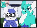 4:3 absurd_res amy_the_mystgoose anthro blue_body blue_eyes blue_fur blush comic confusion darknetic dialogue duo embarrassed emmanuel_the_zangoose english_text eyebrows eyelashes female feral fluffy fluffy_tail fur generation_3_pokemon generation_6_pokemon hi_res hybrid makeup male male/female meowstic multicolored_body multicolored_fur nintendo nude outside pokemon pokemon_(species) raised_eyebrow tail text thinking two_tone_body two_tone_fur white_body white_fur zangoose