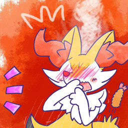 ambiguous_anthro ambiguous_gender anthro blush blush_lines blush_stickers blushing_profusely covering covering_mouth emanata embarrassed eyeless food front_view leaning leaning_backward open_mouth shaking shocked shrimp_(food) simple_background smoke snout solo standing trembling wavy_mouth annyui0611 nintendo pokemon braixen canid generation_6_pokemon mammal pokemon_(species) 1:1 2024 digital_drawing_(artwork) digital_media_(artwork) half-length_portrait hi_res japanese_description portrait translated_description