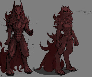 6_eyes 6_fingers abs anthro claws dark_body dark_fur digitigrade fangs featureless_crotch fingers fur furry_tail hair long_ears long_hair male messy_fur messy_hair monotone_body monotone_fur multi_eye muscular muscular_male red_body red_eyes red_fur slim_shady snout solo standing tail teeth tuft 2hiakkable canid canine canis mammal wolf absurd_res hi_res