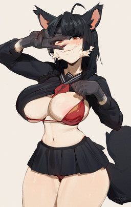 anthro areola areola_slip big_breasts bikini black_body black_fur black_hair blush bottomwear breasts brown_eyes clothing female fur grey_background hair huge_breasts navel red_bikini red_clothing red_eyes red_swimwear school_uniform simple_background skirt smile solo swimwear tail two-piece_swimsuit uniform white_body white_fur kollerss canid canine fox mammal hi_res