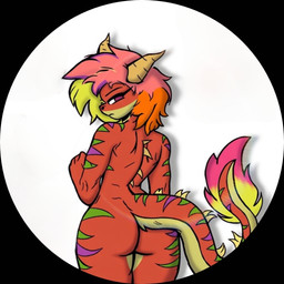 anthro biped border circle_background female female_anthro horn looking_at_viewer looking_back looking_back_at_viewer pose rear_view shadow solo standing unknown_artist mythology dragon mammal mythological_creature mythological_scalie scalie 1:1 digital_drawing_(artwork) digital_media_(artwork) portrait shaded soft_shading three-quarter_portrait