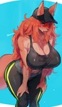 alternative_fashion anthro athletic_wear baseball_cap big_breasts biped bodily_fluids bottomwear breasts breath cleavage clothed clothing countershade_fur countershading eye_waterline female female_anthro front_view fur furgonomics green_eyes gyaru hair hat headgear headwear j-fashion kemono long_hair mature_female midriff navel nipple_outline panting pants pupils red_body red_fur red_hair simple_background slit_pupils solo streetwear sweat tongue tongue_out wide_hips yoga_pants suurin_2 ookami-chan_(suurin_2) canid canine canis mammal wolf 2021 absurd_res digital_media_(artwork) hi_res portrait shaded three-quarter_portrait