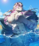 abs anthro beach biceps blue_sky bulge clothed clothing cloud deltoids facial_hair forearm_muscles fur goatee grin hair jacket jockstrap jockstrap_only light light_beam long_ponytail looking_aside male muscular muscular_anthro muscular_male muscular_thighs navel nipples obliques partially_submerged pecs ponytail purple_body purple_fur purple_stripes seaside sky smile solo splash standing_in_water star_pattern striped_body striped_fur stripes sunbeam sunlight topless topwear underwear underwear_only wet wet_body wet_fur white_hair yellow_eyes chaiyi sadiend felid mammal pantherine tiger 2023 absurd_res hi_res