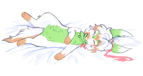 bed bow_ribbon chest_tuft eyes_closed female feral flower furniture lying on_back paws pink_nose plant sleeping solo tuft basilbxun nintendo pokemon fan_character ruka_vaporeon generation_4_pokemon legendary_pokemon pokemon_(species) shaymin sky_forme_shaymin hi_res