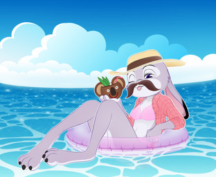 anthro beach clothing coconut drupe_(fruit) fake_mustache female floating food fruit inflatable inner_tube nude plant purple_eyes sea shirt skinny_dipping solo summer swimwear tongue tongue_out topwear water wet unolvidadomas disney zootopia judy_hopps european_rabbit lagomorph leporid mammal oryctolagus rabbit absurd_res hi_res