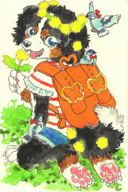 4_fingers 4_toes ambiguous_gender anthro backpack barefoot biped black_body black_fur black_nose black_tail blue_bottomwear blue_clothing blue_eyes bottomwear bow_(feature) brown_body brown_fur brown_tail claws clothed clothing countershading denim denim_bottomwear denim_clothing denim_shorts dipstick_tail eyelashes fangs feathers feet female feral finger_claws fingers floppy_ears flower fluffy fluffy_tail fully_clothed fur grass group heart_symbol hindpaw holding_object kemono kneeling looking_at_viewer looking_back markings multicolored_body multicolored_clothing multicolored_fur multicolored_shirt multicolored_tail multicolored_topwear open_mouth open_smile pattern_clothing pattern_shirt pattern_topwear pawpads paws pink_pawpads pink_tongue plant rear_view ribbons shirt shorts simple_background sitting smile solo_focus striped_clothing striped_shirt striped_topwear stripes t-shirt tail tail_markings teeth toe_claws toes tongue tongue_out topwear tuft two_tone_body two_tone_tail white_background white_body white_clothing white_fur young young_anthro kyokyota avian bernese_mountain_dog bird canid canine canis domestic_dog mammal molosser mountain_dog passerine swiss_mountain_dog 2021 hi_res marker_(artwork) traditional_media_(artwork)