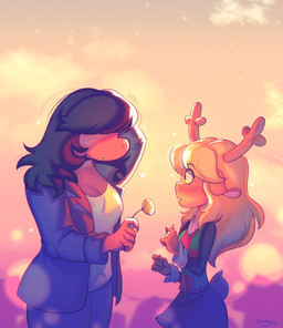 anthro antlers blush covered_eyes duo female female/female fingers flower giving_flower hair hair_over_eyes horn plant romantic shocked gobithedog deltarune undertale_(series) noelle_holiday susie_(deltarune) deer mammal new_world_deer reindeer reptile scalie 2025 digital_media_(artwork) hi_res