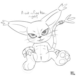 accessory anthro clothing female flat_chested fur furgonomics genitals gloves handwear jewelry ring sitting size_difference smaller_female solo tail tail_accessory tail_jewelry tail_ring vulva white_body white_fur young young_anthro young_female teot a_cat_is_fine_too bandai_namco digimon digimon_(species) felid feline gatomon mammal 1:1 meme monochrome sketch