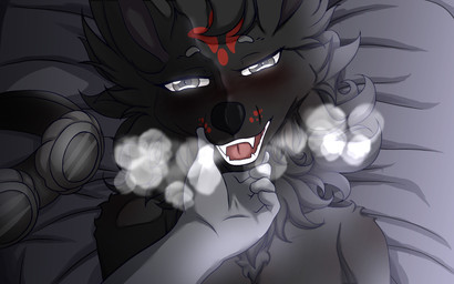 anthro bed black_body breath breezy_jada duo eyewear faceless_character faceless_male femboy feminine furniture goggles grey_eyes male male/male multicolored_body open_mouth seductive tongue anonymous_artist fan_character canid canine canis mammal wolf hi_res