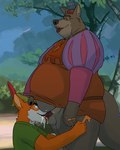 2023 anthro balls belly big_belly canid canine canis clothed clothing detailed_background disney duo fox genitals hat headgear headwear humanoid_hands male male/male mammal oral outside overweight overweight_male penis red_fox robin_hood robin_hood_(disney) sheriff_of_nottingham tcw tongue tongue_out true_fox wolf
