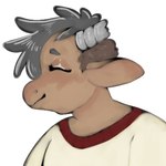 ambiguous_gender anthro blush broken_horn brown_body brown_fur clothed clothing eyes_closed fur grey_hair grey_horn hair horn lidded_eyes multicolored_clothing multicolored_shirt multicolored_topwear shaved_sides shirt short_hair simple_background smile solo tan_clothing tan_shirt tan_topwear topwear white_background manitka manitka_storm bovid bovine cattle mammal 1:1 2021 digital_media_(artwork) low_res