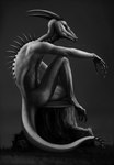 2024 anthro arm_resting back_muscles back_spikes belly_scales bent_legs black_and_white clawed_fingers claws conditional_dnp curved_claws curved_horn curved_tail digital_media_(artwork) digital_painting_(artwork) dragon facial_horn grass greyscale hi_res horn jagged_mouth leg_muscles lizard male monochrome mythological_creature mythological_scalie mythology no_pupils nose_horn pawpads plant rear_view reptile scales scalie shaded simple_background sitting sitting_on_tree_stump slim slim_anthro slim_male snowseer solo spiked_tail spikes spikes_(anatomy) tail toe_claws tree_stump