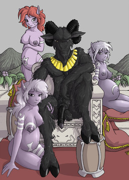5_fingers anthro areola balls barefoot black_balls black_body black_fur black_hooves black_horn black_penis breasts chair curved_horn feet female female_humanoid female_on_anthro fingers flower fur furniture genitals glistening glistening_areola glistening_body glistening_breasts glistening_eyes glistening_genitalia glistening_hooves glistening_nipples glistening_penis glistening_skin group group_nudity hair harem hooves horn humanoid_genitalia humanoid_hands humanoid_on_anthro humanoid_penis humanoid_pointy_ears interspecies interspecies_pregnancy jewelry jewelry_only kneeling long_hair male male/female male_anthro male_on_humanoid mountain multiple_pregnancies necklace necklace_only nipples nude orange_hair outdoor_nudity outside penis pillow plant pointy_ears pregnant pregnant_female pregnant_humanoid purple_areola purple_body purple_breasts purple_nipples purple_skin sitting sky standing tattoo white_hair conditional_dnp jay_naylor bovid caprine demon elf goat humanoid mammal digital_media_(artwork) shaded