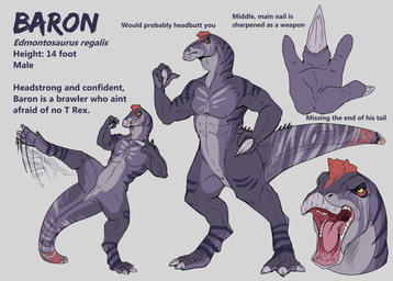 anthro featureless_crotch glistening glistening_eyes grey_background grey_body hand_on_hip male markings nude open_mouth pink_tongue simple_background solo standing striped_arms striped_body striped_legs striped_markings striped_neck striped_tail stripes tail tail_markings text three-quarter_view tongue unsigned swampjaws baron_(imperatorcaesar) dinosaur edmontosaurus hadrosaurid ornithischian ornithopod prehistoric_species reptile scalie absurd_res english_text hi_res model_sheet