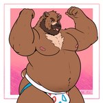 4_fingers anthro beard belly big_belly body_hair bulge chest_hair clothing eyebrows facial_hair fingers flexing fur happy jockstrap male mature_male musclegut muscular muscular_male mustache navel nipples one_eye_closed overweight solo tongue tongue_out underwear almostabull bear mammal 2025 hi_res watermark