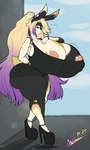 anthro areola bantar2 big_breasts big_butt breasts butt clothed clothing digital_media_(artwork) dress female footwear fur hair hi_res high_heels huge_breasts hyper hyper_breasts lagomorph leporid mammal nipples rabbit shoes simple_background solo tail thick_thighs