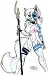 anthro breasts canid canine erect_nipples female fox genitals hi_res holding_object holding_weapon mammal nipples nude pussy solo tattoo toddrogue69 weapon