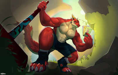5_fingers 5_toes abs anthro biceps black_bottomwear black_clothing black_shorts bottomwear clothed clothing crouching envelope feet fingers footwear hammer holding_envelope holding_hammer holding_object holding_tool horn logo looking_at_viewer male muscular muscular_anthro muscular_arms muscular_male muscular_thighs navel nipples pecs red_body shorts smile smiling_at_viewer solo toeless_footwear toes tools topless topless_anthro topless_male yellow_horn megadolix mythology dragon mythological_creature mythological_scalie scalie wingless_dragon absurd_res artist_logo digital_media_(artwork) full-length_portrait hi_res portrait