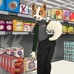 anthro breasts cereal clothed clothing female fingers food hoops inside mall solo tongue tongue_out work-uniform working kingkuraselache cheerios general_mills prisma_dog canid canine canis domestic_dog mammal norrbottenspets spitz 1:1 2024 digital_media_(artwork) hi_res