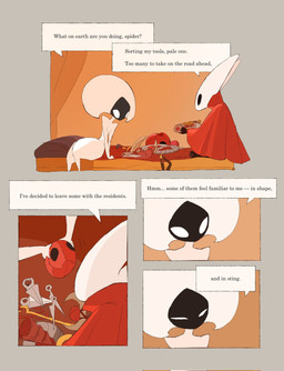 anthro bedroom biped black_body black_eyes cloak clothed clothing detailed_background dialogue duo empty_eyes female female_anthro female_humanoid inside mouthless narrowed_eyes ranged_weapon red_cloak red_clothing speech_bubble talking_to_another text weapon white_body white_eyes justdog hollow_knight:_silksong hollow_knight_(franchise) team_cherry hornet_(hollow_knight) lace_(hollow_knight:_silksong) arthropod humanoid 2025 comic english_text hi_res