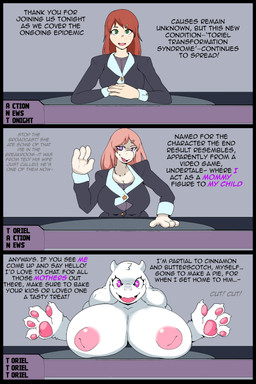 4_fingers accessory anthro big_breasts breast_expansion breasts business_suit clothing dialogue expansion female fingers fur green_eyes greeting hair_accessory hairclip heart_eyes heart_symbol horn huge_breasts human_to_anthro looking_at_viewer mind_control news news_reporter nipples nude offscreen_character open_mouth pawpads pink_eyes reporter simple_background smile solo species_transformation suit text transformation white_body white_fur faetomi undertale_(series) toriel boss_monster_(undertale) human mammal 2:3 absurd_res comic digital_media_(artwork) english_text hi_res