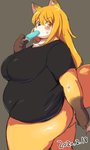 5_fingers anthro big_breasts big_butt blonde_hair blush bodily_fluids bottomless breasts butt clothed clothing eating female fingers food fur grey_background hair huge_breasts huge_butt kemono long_hair looking_at_viewer multicolored_body multicolored_fur overweight overweight_anthro overweight_female popsicle simple_background solo sweat thick_thighs yellow_body yellow_eyes yellow_fur akitaka canid canine fox mammal red_fox true_fox 2020 hi_res