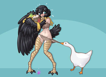 ambiguous_gender blush bodily_fluids breasts clothing clothing_pull duo feathers female feral panties panty_pull sweat underwear underwear_pull limebreaker dark_souls european_mythology fromsoftware greek_mythology mythology untitled_goose_game goose_(untitled_goose_game) pickle-pee anatid anseriform anserine avian bird goose harpy mythological_avian mythological_creature 2021 hi_res