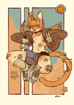 anthro bandage bandaged_tail blue_bottomwear blue_clothing blue_shorts blush border bottomwear clothed clothing footwear jacket jumping looking_at_viewer male navel one_eye_closed open_clothing open_jacket open_topwear orange_body orange_eyes red_clothing red_underwear shoes shorts socks solo sticker_on_body topwear underwear white_border onion_y1 felid feline mammal 2025 hi_res