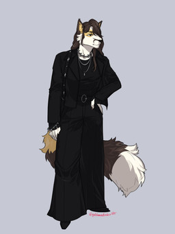 anthro belt belt_buckle black_clothing black_shirt black_suit_jacket black_topwear bottomwear bracelet brown_body brown_eyes brown_fur buckle clothing eyebrows eyelashes fox_tail fur hair hair_over_eye hand_on_hip jewelry long_hair male messy_tail multicolored_body nails necklace pants shirt slacks slim_anthro slim_male snout solo suit_jacket tail topwear white_body white_fur yellow_body yellow_fur goddamnitrobin travis_(bonzi) canid canine fox mammal marble_fox red_fox true_fox 3:4 hi_res