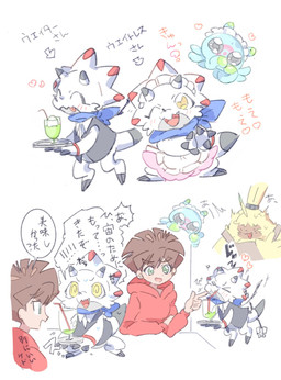 anthro blush brown_hair clothing crossdressing_male female group hair hair_over_eyes hoodie maid_headdress maid_uniform male smile topwear trio uniform wings miim10140996 bandai_namco digimon hiro_amanokawa angoramon digimon_(species) gammamon human mammal puyomon hi_res