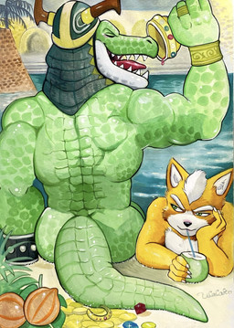 anthro beverage butt coconut coconut_drink coin container cup drinking drupe_(fruit) duo eyebrows eyes_closed food fruit gem goblet green_body male male/male muscular muscular_anthro muscular_male nude plant sharp_teeth skinny_dipping smile swimming swimming_pool tail teeth yellow_body ulala_ko nintendo star_fox fox_mccloud general_scales canid canine fox mammal scalie sharpclaw_(star_fox) hi_res