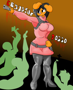 anthro cross female gun latex ranged_weapon reaching_out solo weapon word_art andetheslayer capcom resident_evil ada_wong canid canine mammal undead zombie absurd_res hi_res