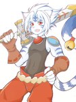 anthro bell blue_body blue_fur blue_stripes clothing fur gloves handwear holding_melee_weapon holding_object holding_sword holding_weapon kemono male melee_weapon open_mouth open_smile red_eyes simple_background smile solo stripes sword weapon white_background white_body white_fur nekomiyatasuku onmyou_taisenki kogenta_(onmyou_taisenki) felid mammal pantherine tiger 2019 3:4 hi_res