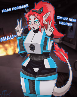 6_fingers >:3 anthro blurred_background blush blush_lines clothed clothing eyelashes fake_ears female fingers gesture green_eyes hair hand_gesture long_eyelashes looking_at_viewer makeup pointy_ears ponytail red_hair solo tail text v_sign whiskers white_body jizothewanderer voices_of_the_void argemia kerfur_omega_(votv) alien alien_humanoid ariral felid feline humanoid mammal hi_res