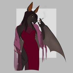 ambiguous_gender anthro bat_ears clothed clothing crossdressing femboy furgonomic_piercing furgonomics looking_at_viewer male membrane_(anatomy) patagium piercing presenting_thigh seductive slim small_waist smoking solo wing_piercing wings asurii bones_(howfarifell) bat mammal absurd_res hi_res
