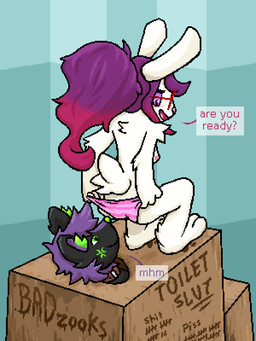 anthro breasts clothing collar duo feces female fur male male/female panties scatplay toilet toilet_slave underwear white_body white_fur badzooks calypso_(stinky_fen) jasmine_(floofer318) lagomorph leporid mammal mephitid rabbit skunk 3:4 absurd_res hi_res