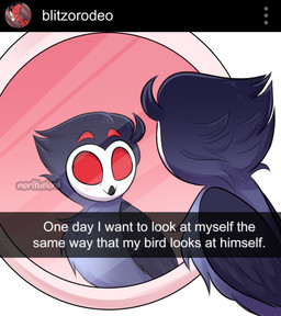 4_eyes beak blush blush_lines caption empty_eyes feathers feral feralized grey_body grey_feathers male mirror mirror_reflection multi_eye red_eyes reflection simple_background social_media solo text white_background white_face norithelord hellaverse helluva_boss snapchat blitzo_(helluva_boss) stolas_(helluva_boss) avian bird demon imp owl 2021 english_text hi_res
