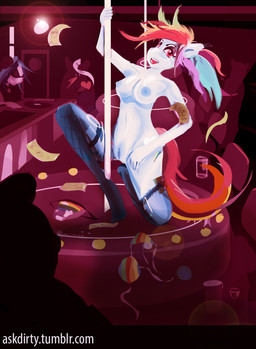 anthro anthrofied areola being_watched blue_areola blue_body blue_breasts blue_fur blue_nipples breasts clothing dancing female fur genitals group hair legwear looking_at_another medium_breasts money mostly_nude multicolored_hair nipples pole pole_dancing rainbow_hair red_eyes solo_focus strip_club stripper stripper_pole text thigh_highs tipping underwear vulva dirtyscoundrel friendship_is_magic hasbro my_little_pony rainbow_dash_(mlp) equid equine horse mammal pony 2015 hi_res url