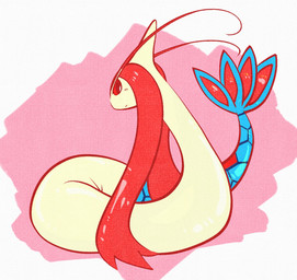 abstract_background ambiguous_feral ambiguous_gender antennae_(anatomy) blue_body blue_fin blue_scales blue_tail_fin blush blush_lines feral fin hair multicolored_tail pink_background rear_view red_antennae red_body red_eyes red_hair red_scales red_sclera red_tail_fin scales serpentine simple_background smile solo tail tail_fin tan_body white_background momensarada nintendo pokemon generation_3_pokemon milotic pokemon_(species) 2022 colored full-length_portrait hi_res portrait
