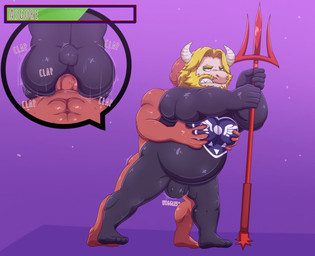 abs anal anal_penetration anthro anthro_penetrated beard belly blonde_hair bulge butt clothing delta_rune_(emblem) duo erection facial_hair genitals glistening hair horn humanoid_genitalia humanoid_penis male male/male male_penetrated male_penetrating male_penetrating_male mature_anthro mature_male melee_weapon musclegut muscular muscular_anthro muscular_male mustache navel overweight overweight_anthro overweight_male penetration penile penile_penetration penis polearm sex skinsuit symbol text tight_clothing trident weapon mkcrown undertale undertale_(series) anon asgore_dreemurr bovid caprine goat mammal 2020 english_text