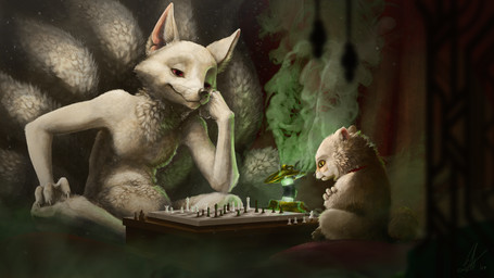 anthro arm_support black_nose chess claws collar cushion duo fluffy fluffy_tail inner_ear_fluff lamp lantern leaning_on_elbow light looking_at_another male multi_tail navel neck_tuft nude red_eyes sitting smoke tail tuft whiskers ipoke housepets! great_kitsune_(housepets!) tarot_(housepets!) canid canine canis domestic_dog fox mammal pomeranian spitz 16:9 2019 detailed hi_res lighting widescreen