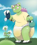 anthro big_diaper bodily_fluids clothed clothing diaper eyewear eyewear_on_head flower gardening_tools genital_fluids goggles goggles_on_head male outside plant shirt smile solo standing topwear unclean_diaper urine used_diaper watering_can watering_flower wearing_diaper wet_diaper wetting wetting_diaper steelshark nintendo pokemon shochu_(gao) bulbasaur generation_1_pokemon pokemon_(species) absurd_res hi_res