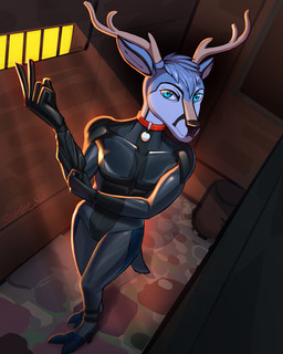 anthro black_clothing black_latex blue_body blue_eyes blue_fur blue_hair clothed clothing collar fur hair latex looking_at_viewer male simple_background solo street tail tight_clothing white_body scarlet_side jaiy deer mammal 4:5 absurd_res digital_media_(artwork) hi_res