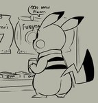 anthro beverage butt can candy container dessert food fur gum holding_beverage holding_can holding_container holding_object looking_at_food looking_at_object male rear_view shirt_collar snack solo speech_bubble standing tail text three-quarter_view pokonuki nintendo pokemon gerald_(pokonuki) generation_1_pokemon pikachu pokemon_(species) 2022 digital_media_(artwork) english_text monochrome sketch