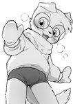 anthro blush bottomwear breath clothing eyewear fangs glasses gloves handwear happy looking_at_viewer male open_mouth shorts simple_background solo tail teeth topwear white_background young young_anthro young_male manmosu_marimo bincu canid canine canis domestic_dog mammal 2025 japanese_description monochrome