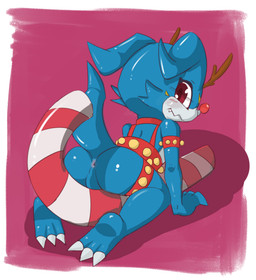 3_toes anthro anus backsack balls bell bell_harness blue_body blue_scales blush blush_lines border butt candy candy_cane claws dessert ears_back fake_antlers fake_horns fangs feet finger_claws food genitals glistening glistening_body harness holidays jagged_mouth jingle_bell jingle_bell_harness long_tail looking_at_viewer looking_back looking_back_at_viewer male male_anthro mostly_nude_anthro mostly_nude_male perineum pivoted_ears raised_tail rear_view red_eyes red_nose scales shadow simple_background soles solo tail teeth toe_claws toes white_border white_toe_claws young young_anthro young_male vono bandai_namco christmas digimon digimon_(species) veemon 2023 colored digital_drawing_(artwork) digital_media_(artwork) hi_res shaded