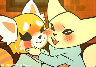anthro blush bodily_fluids clothed clothing drunk duo female female/female open_mouth rubbing_cheek smile substance_intoxication sweat sweater topwear techytechy aggretsuko sanrio fenneko retsuko ailurid canid canine fennec_fox fox mammal red_panda true_fox